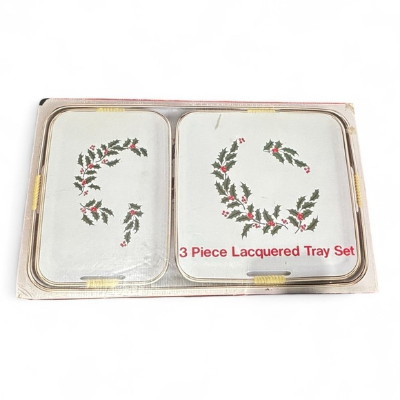 Vintage 3 Piece Lacquerware Nesting Tray Set Christmas Holly  Japan server - Picture 7 of 9